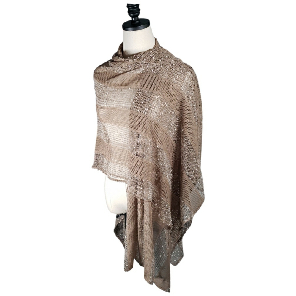 Chico's Woven Crochet Wrap Sheer Mixed Media Sequins Ruana Boho Beachy Coastal